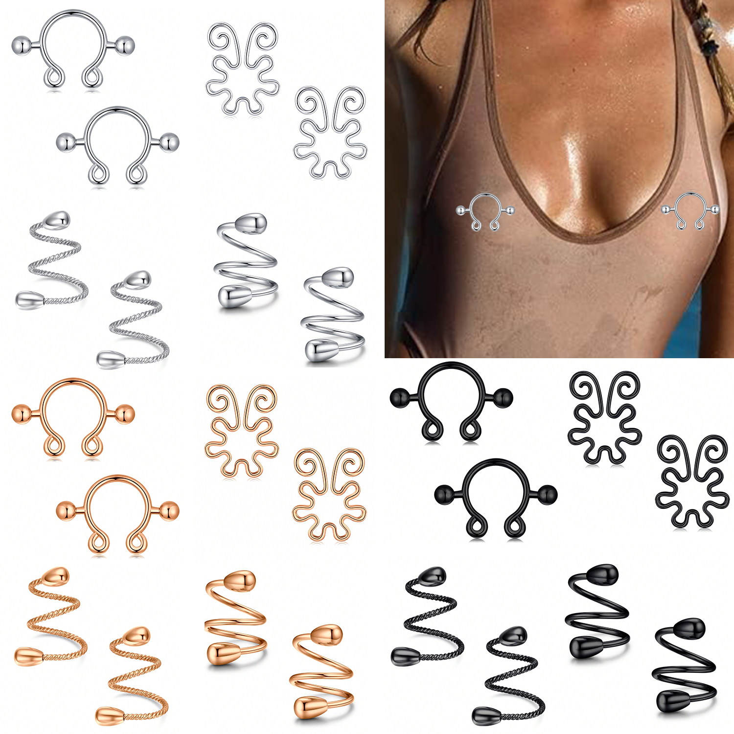 Body Jewelry Hoops - 8Pcs Stainless Fake Nipple Rings,Opening Adjustable